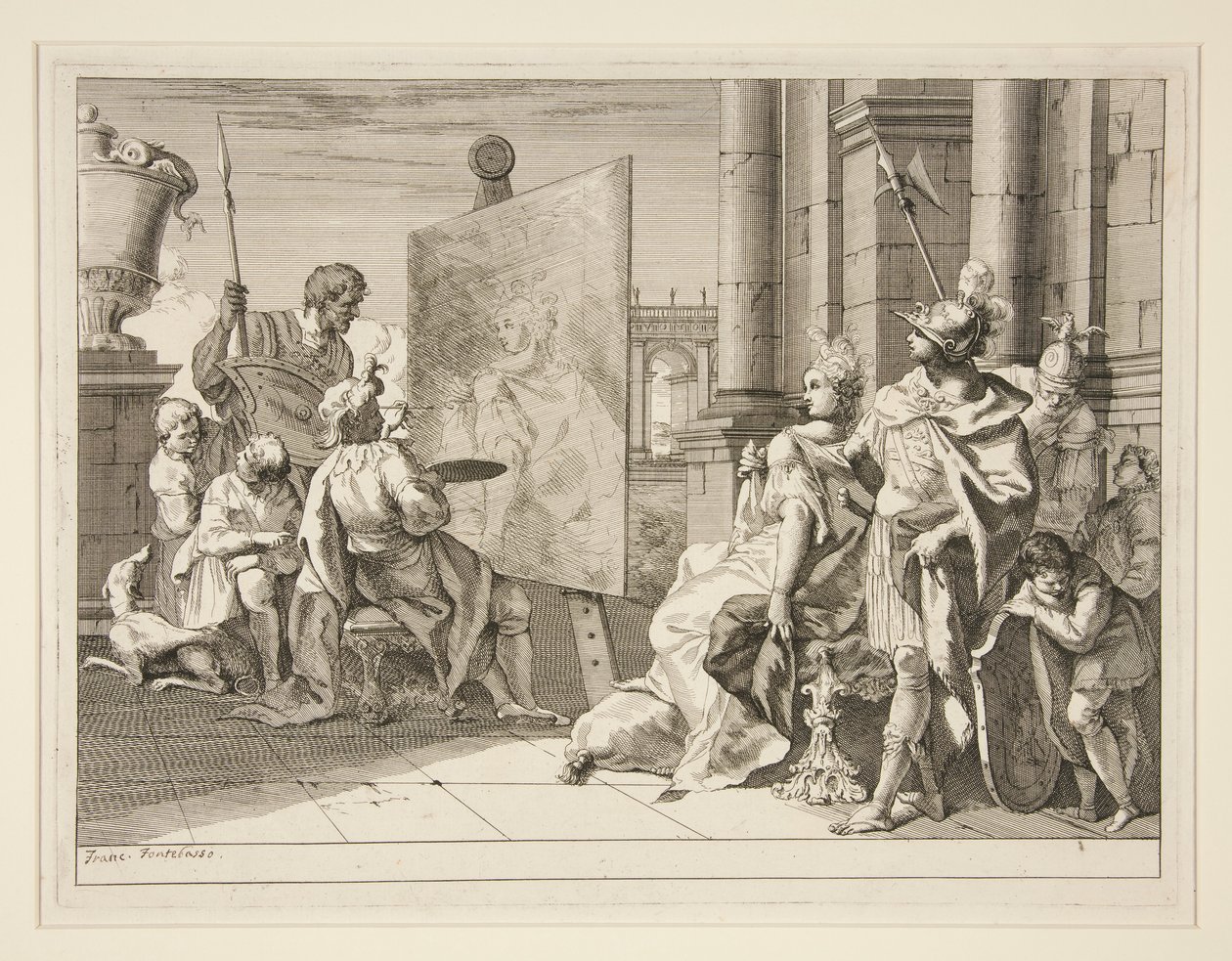 Apelles malujący Campaspe, kochankę Aleksandra Wielkiego, jedną z serii ośmiu grafik (Varii Baccanali et istorie autorstwa Francesco Fontebasso