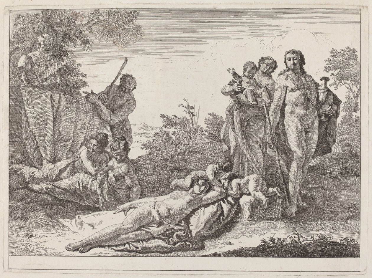 Apollo i nimfy w krajobrazie z popiersiem Pan autorstwa Francesco Fontebasso