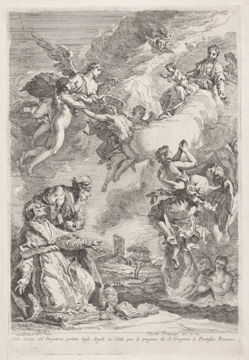 Św. Grzegorz Wielki i św. Hieronim modlą się za dusze w czyśćcu Molte Anime del Purgatorio portate dagli Angeli in Cielo per le pregiere di S. Gregorio I. Pontefice Romano (tytuł na obiekcie) autorstwa Francesco Fontebasso