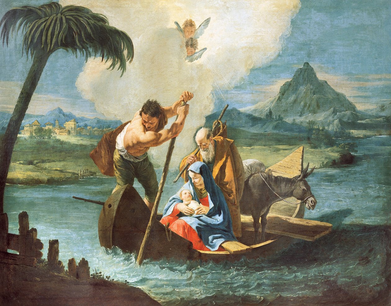 Święta Rodzina przekraczająca Nil podczas ucieczki do Egiptu, Francesco Fontebasso (1707-1769), olej na płótnie autorstwa Francesco Fontebasso