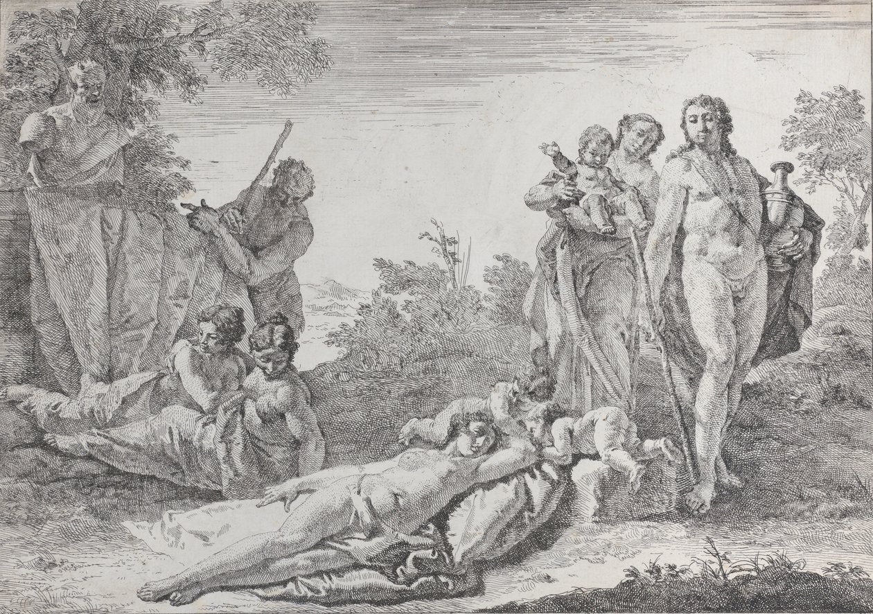Dziewięć figurek w pobliżu Herm of Pan, z bachanaliów i historii, 1744. autorstwa Francesco Fontebasso