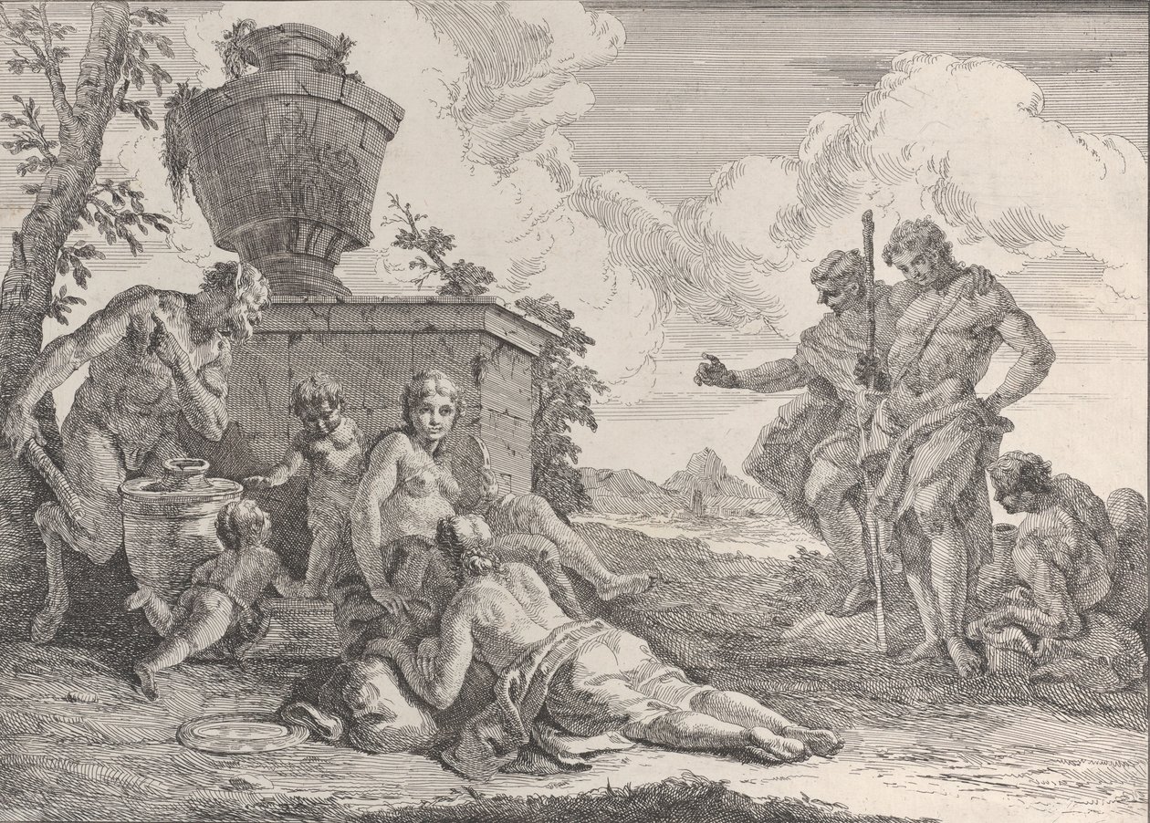 Satyr z maczugą i siedmioma figurami, z bakanali i historii, 1744. autorstwa Francesco Fontebasso