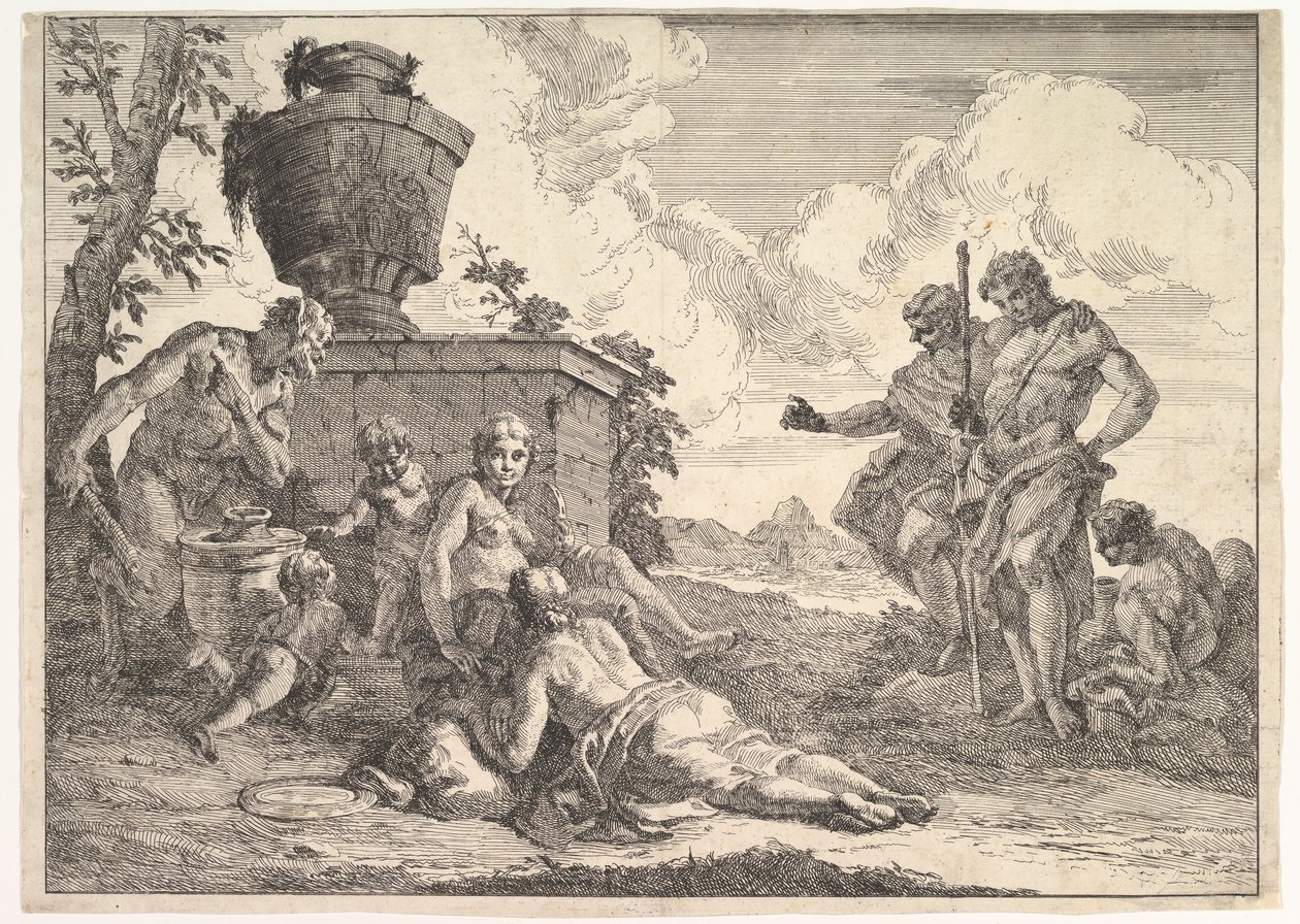 Satyr z maczugą i siedmioma figurami, z bakanali i historii, 1744. autorstwa Francesco Fontebasso