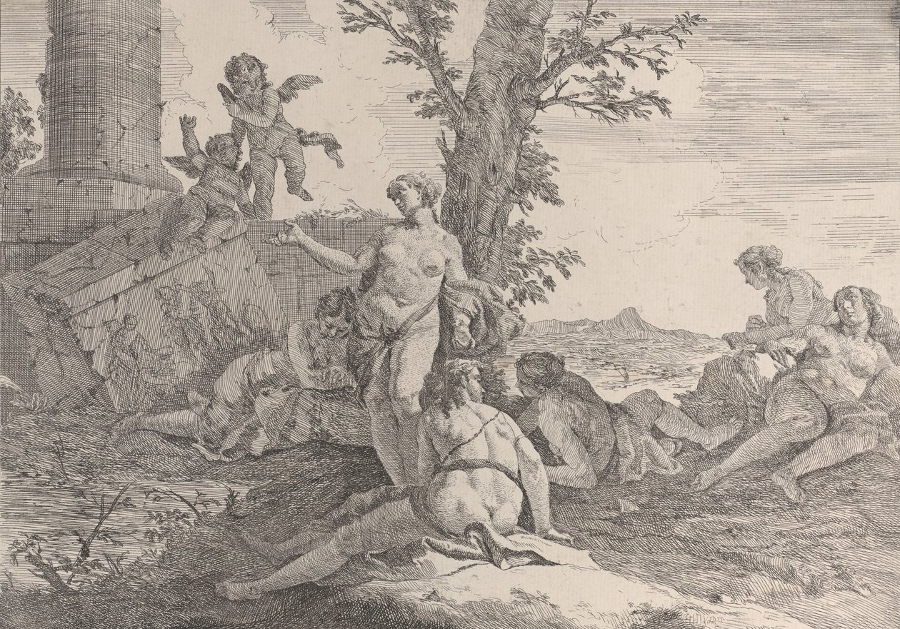 Sześć nimf i dwa putta z Bacchanals i Histories, 1744. autorstwa Francesco Fontebasso