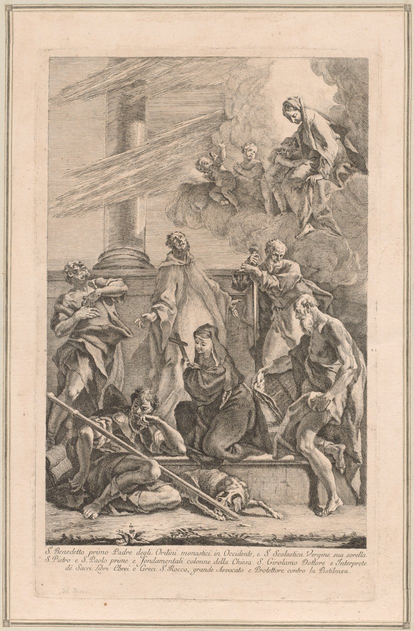 Madonna z Dzieciątkiem z dwoma aniołami i świętymi Scholastyka, Benedykt, Roch, Piotr, Paweł i Hieronim autorstwa Francesco Fontebasso after Sebastiano Ricci