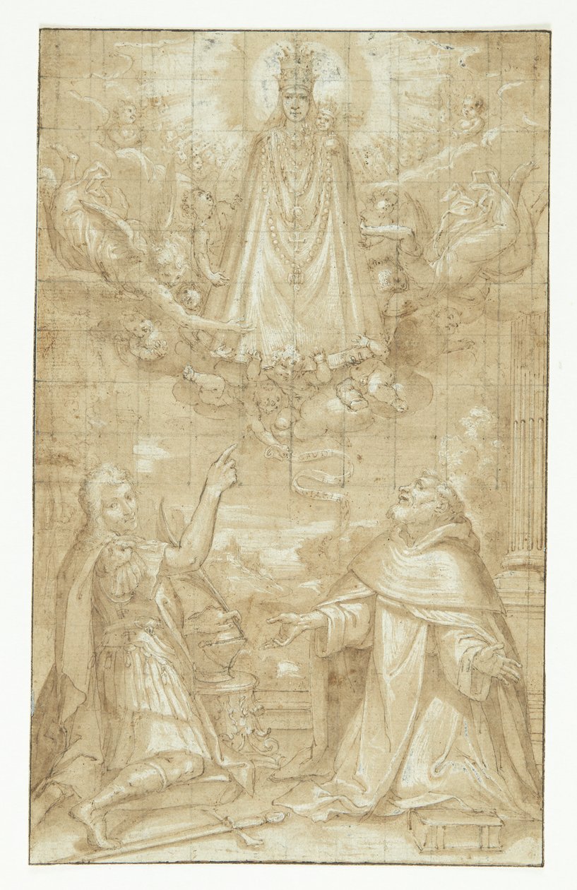 Ukoronowana Madonna z Dzieciątkiem, ubrana w płaszcz i ciężkie łańcuchy, ukazuje się w obłokach, otoczona aniołami i cherubinami, dwóm klęczącym świętym; jeden żołnierz umęczony, drugi duchowny (Hyacintus?). Anioł podaje pasek lub zwój autorstwa Francesco Francia