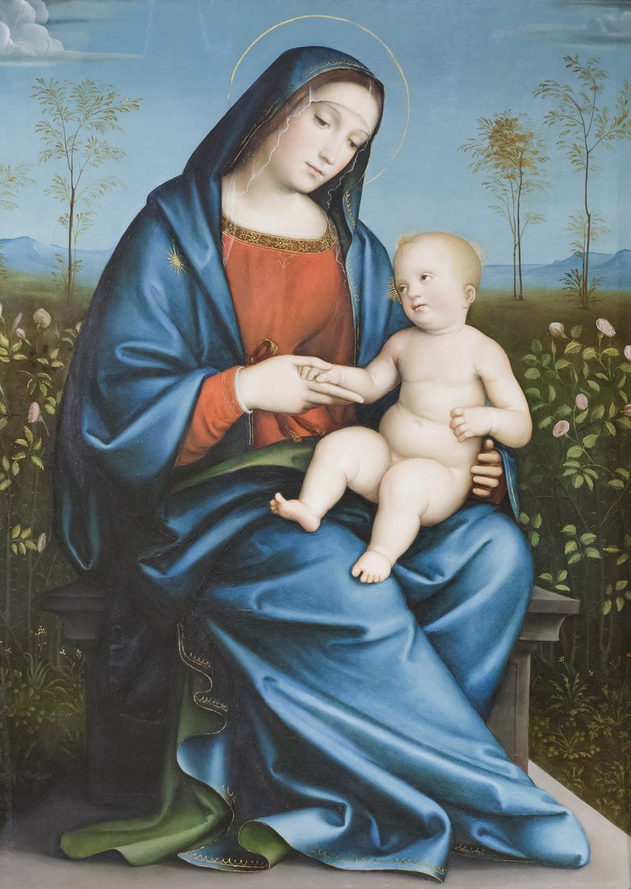 Madonna z Dzieciątkiem w ogrodzie różanym, Raibolini Francesco zwany Francesco Francia (olej na panelu) autorstwa Francesco Francia