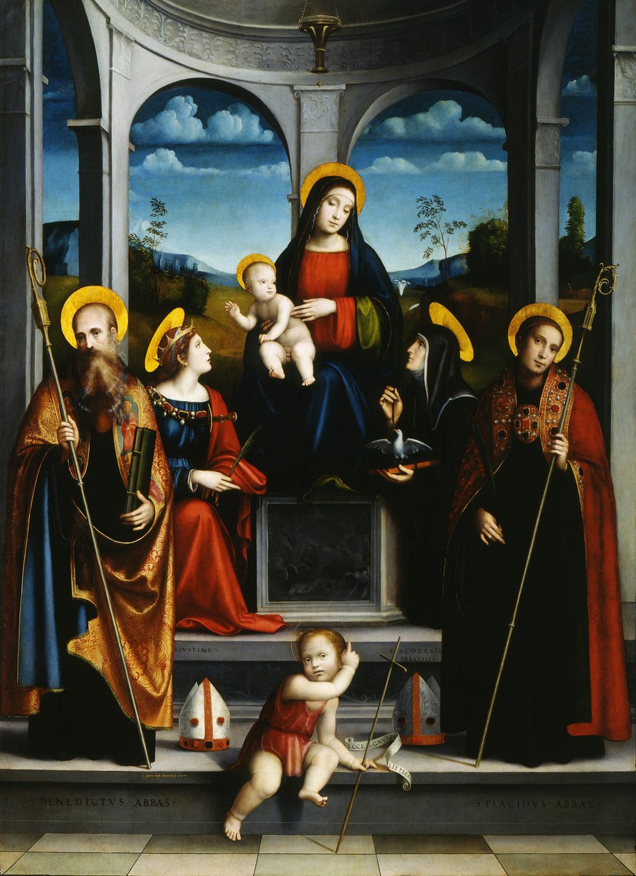 Dziewica z Dzieciątkiem ze świętymi Benedyktem, Justyną, Placidusem i Scholastykią, ok. 1515 autorstwa Francesco Francia