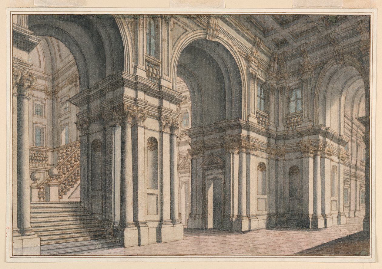 Rysunek, scenografia: Wnętrza pałacowe, 1700-1750 autorstwa Francesco Galli Bibiena