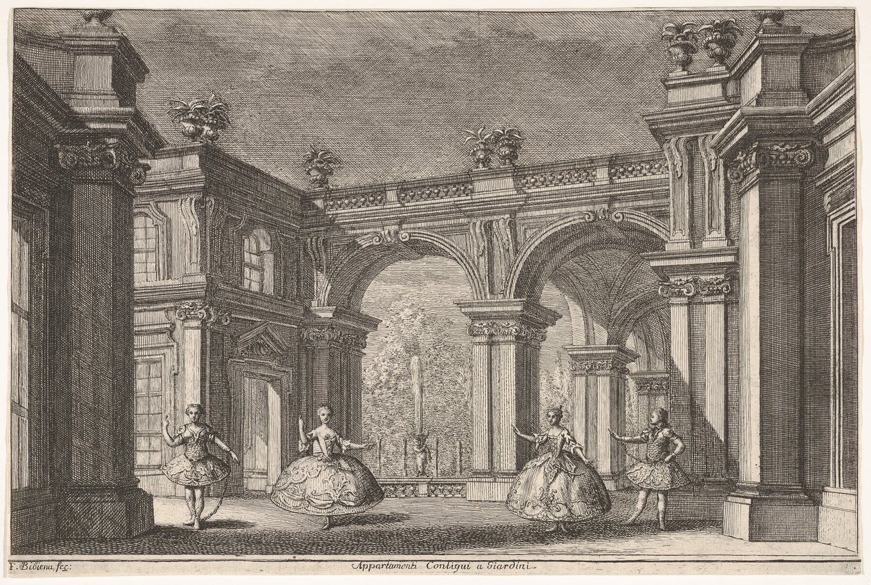 Dwie panie i dwóch dżentelmenów tańczące w ozdobnym otoczeniu architektonicznym, fontanna w..., 1765. autorstwa Francesco Galli Bibiena