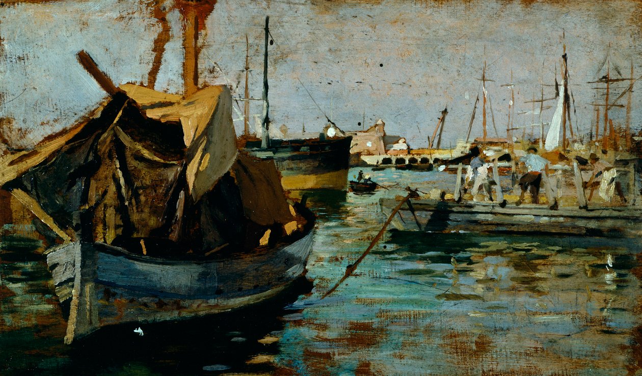 Przy pracy w porcie Livorno (Leghorn) Francesco Gioli (1846-1922), olej na desce, 22x38 cm autorstwa Francesco Gioli