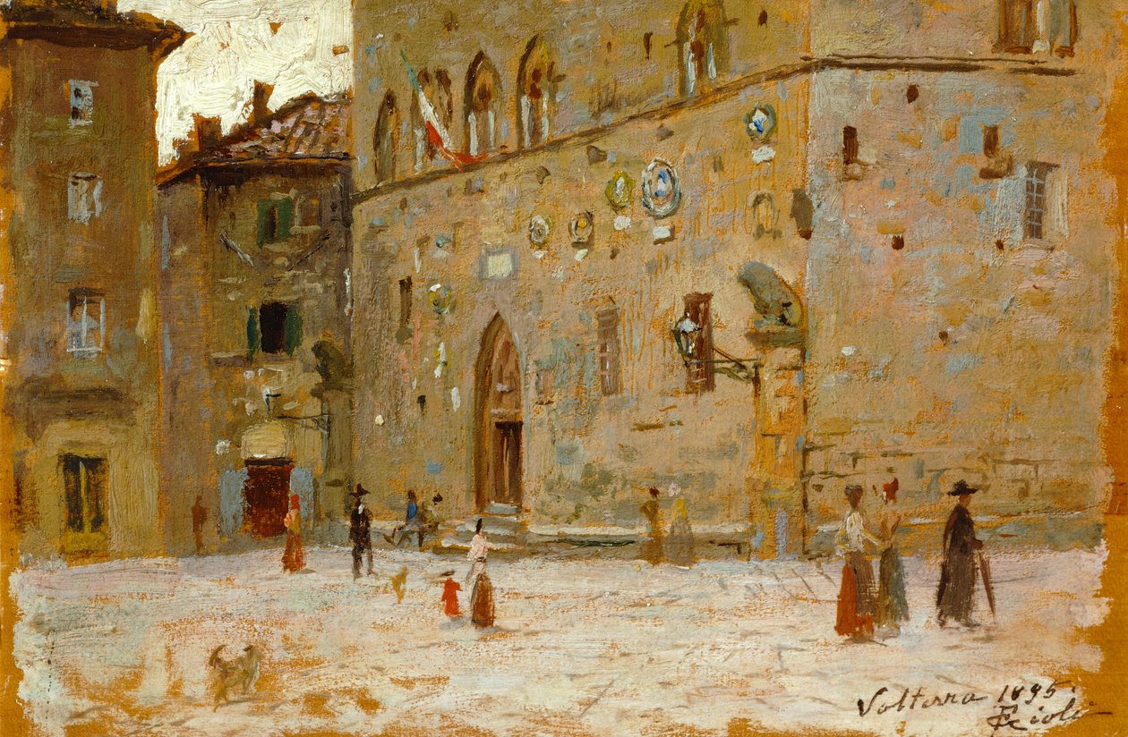 Na placu w Volterze, Francesco Gioli (1846-1922), olej na panelu autorstwa Francesco Gioli