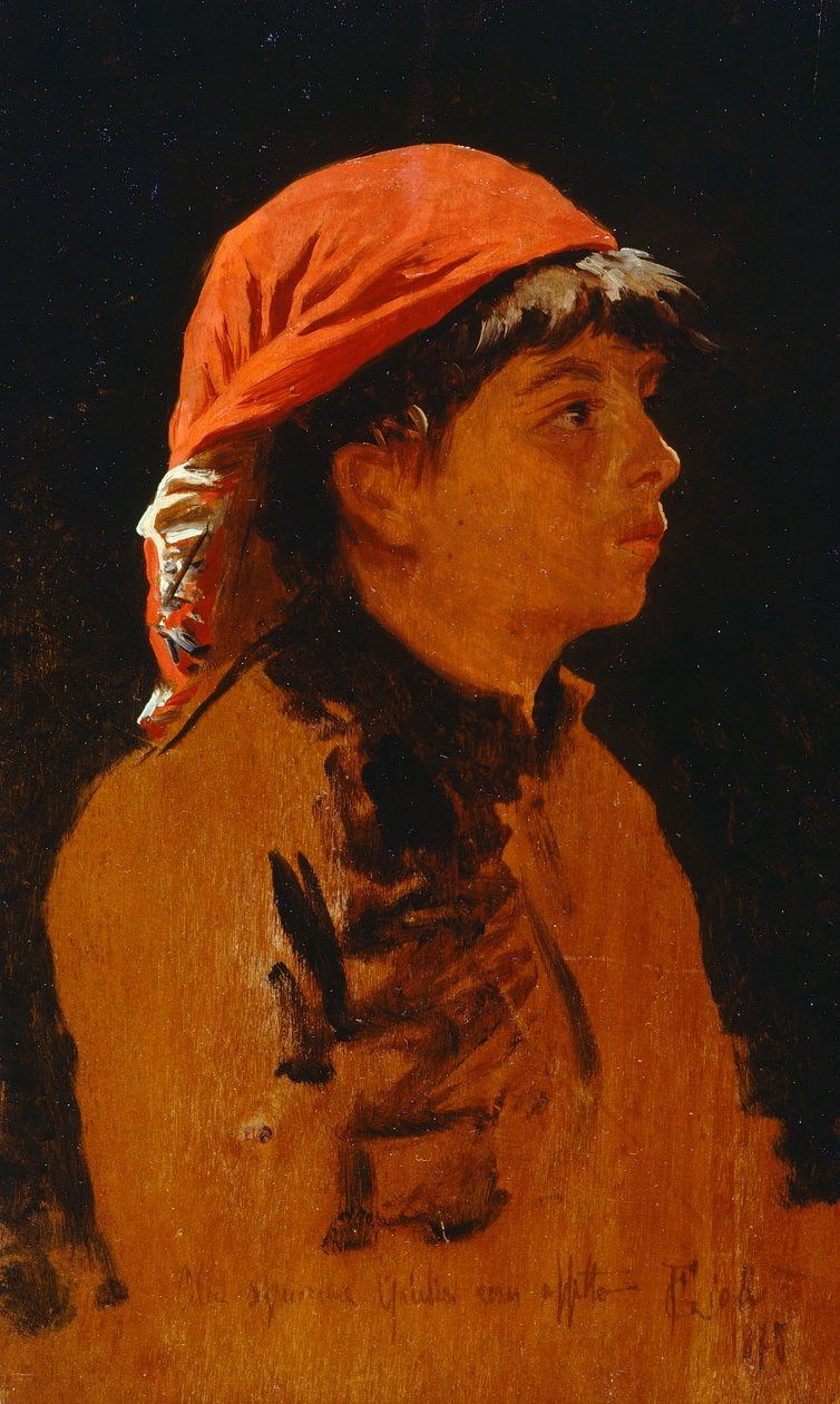 Czerwony szal Francesco Gioli (1846-1922), olej na desce, 28x17 cm autorstwa Francesco Gioli
