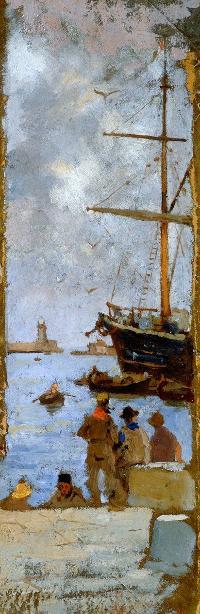 Widok portu Livorno, Francesco Gioli (1846-1922), olej na płótnie przeniesiony na karton, 38x12 cm autorstwa Francesco Gioli