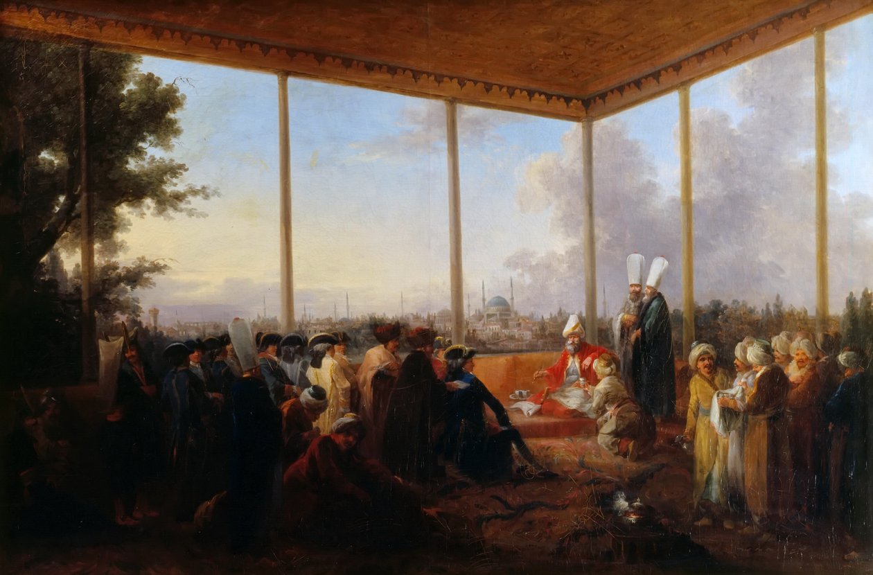 Audiencja wygłoszona w Konstantynopolu przez wielkiego wezyra Aimali Carac dla Francois-Emmanuela Guignarda, Co autorstwa Francesco Giuseppe Casanova