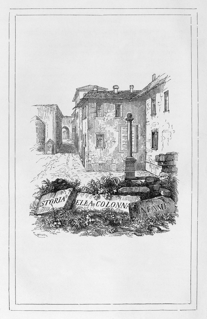 Historia filaru hańby, strona tytułowa Francesco Gonina (1808-1889) do eseju historycznego Alessandro Manzoniego (1785-1873), Włochy autorstwa Francesco Gonin