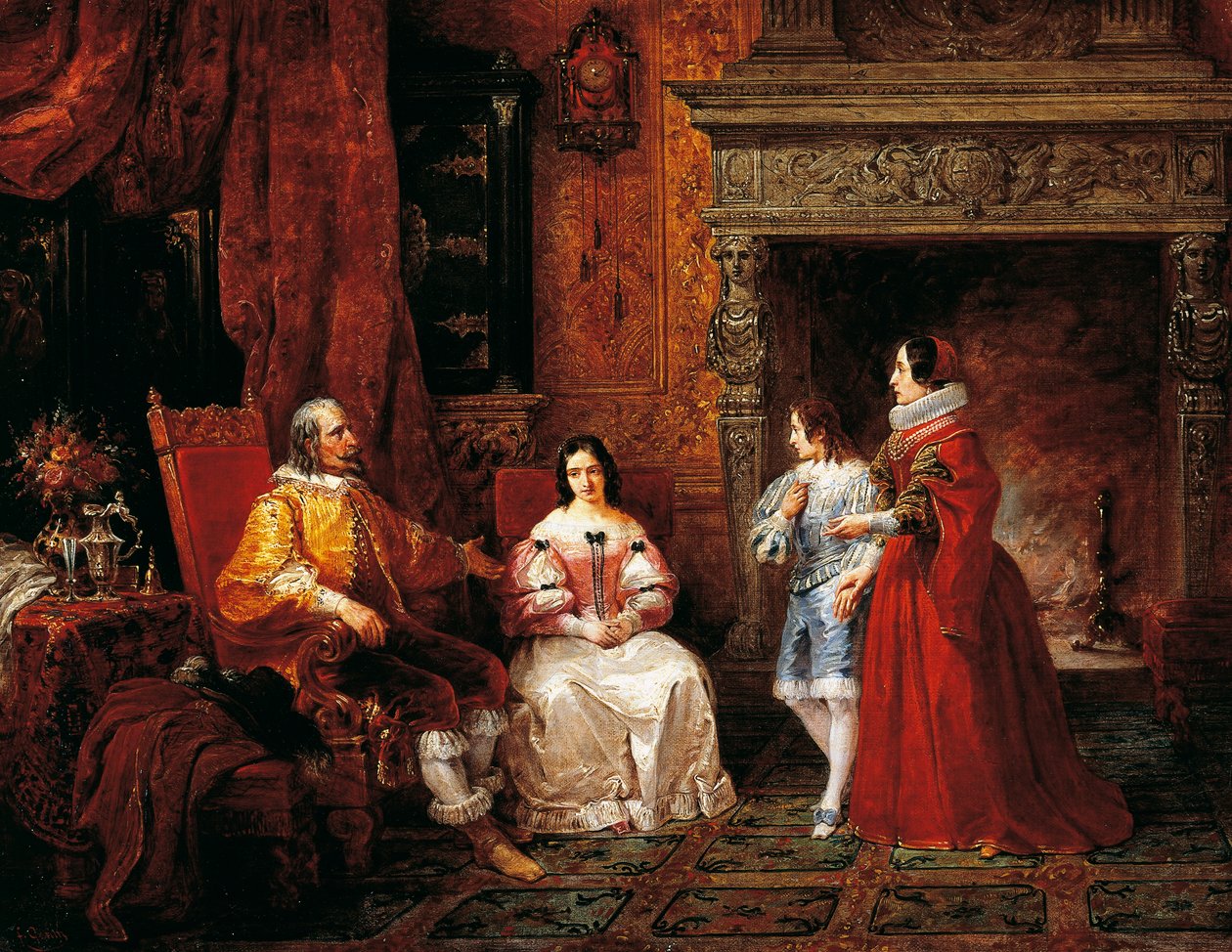 Książę opowiadający młodemu księciu i jego matce o decyzji Gertrudy o zostaniu zakonnicą, epizod z Zaręczyn Alessandro Manzoniego (1785-1873) autorstwa Francesco Gonin