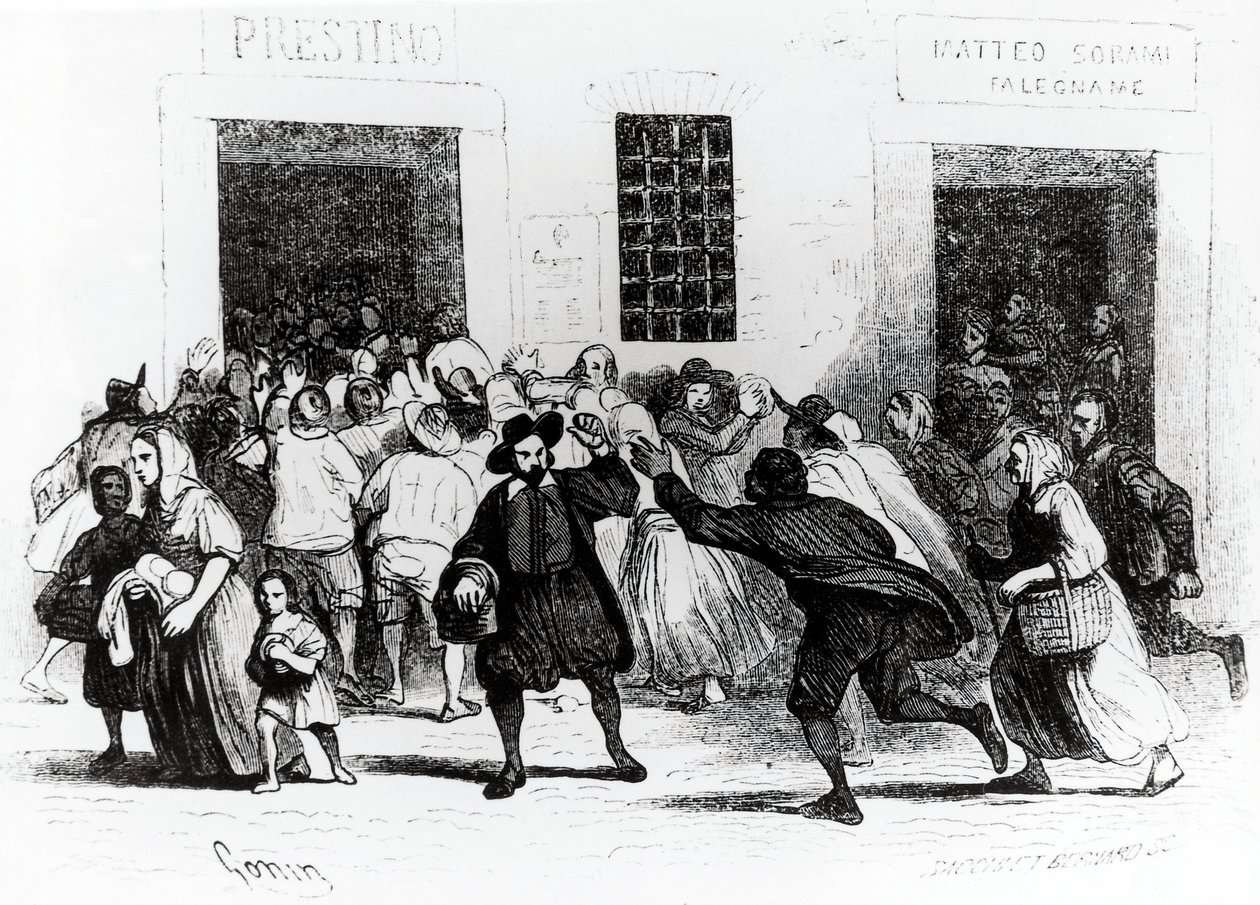 Grabież Piekarni kul, odcinek z Narzeczonego, Alessandro Manzoni (1785-1873), ilustracja Francesco Gonin (1808-1889) wydanie 1840 autorstwa Francesco Gonin