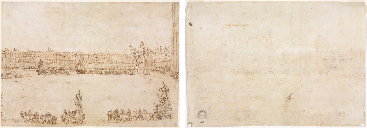 Procesja Triumfalnych Samochodów na Placu św. Marka w Wenecji z okazji wizyty Conti del Nord (recto) Trzy szkice łuków (verso) autorstwa Francesco Guardi