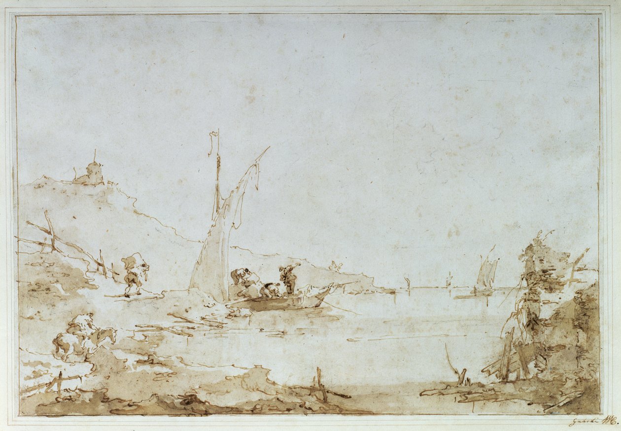 Scena przybrzeżna, ok. 1770-80 (pióro i brązowa farba z czarną kredą na papierze) autorstwa Francesco Guardi