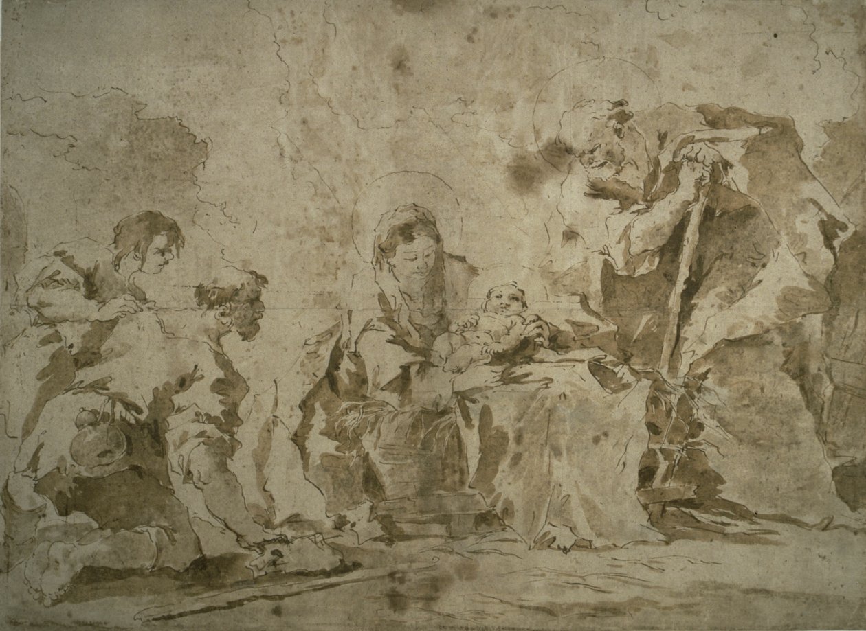 Adoracja pasterzy (recto); Trzy szkice: Budynki nad kanałem z łodziami, Krajobraz z budynkami na zboczu wzgórza, Budynki z portykiem (verso) autorstwa Francesco Guardi