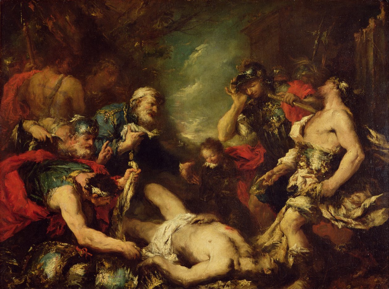 Aleksander Wielki przed zwłokami Dariusza III, 330 p.n.e., XVIII w. autorstwa Francesco Guardi