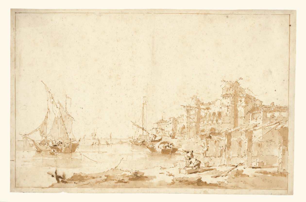 Wyimaginowany widok weneckiej laguny z fortecą przy brzegu autorstwa Francesco Guardi
