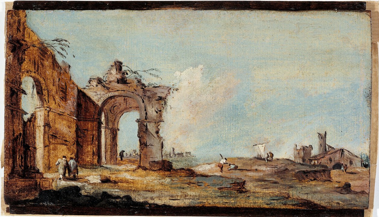 Caprice, ze zrujnowanym łukiem i domami rybaków autorstwa Francesco Guardi