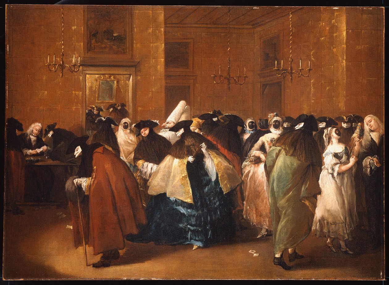 Panie i Panowie w strojach karnawałowych w Ridotto, Wenecja autorstwa Francesco Guardi