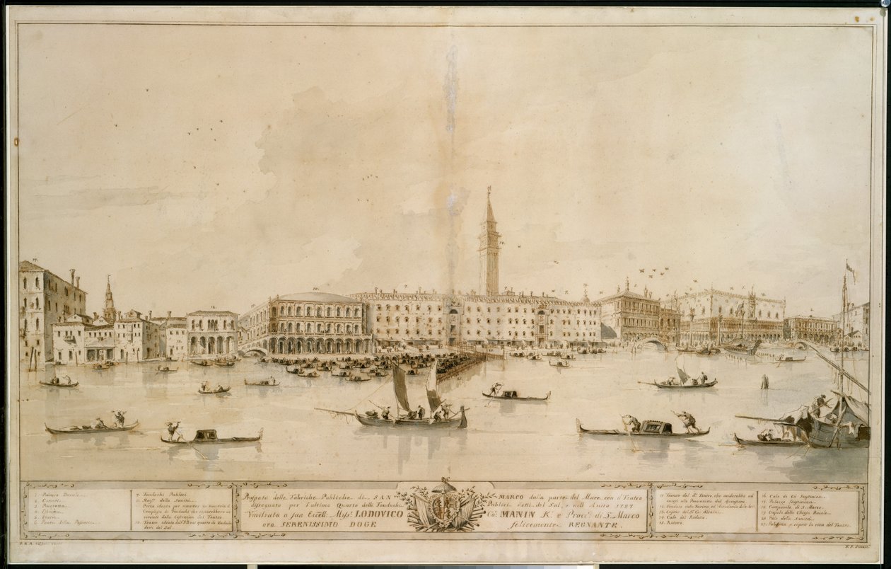 Panorama Wenecji od strony Bacino di San Marco, wraz z projektem planowanego Teatro Manin autorstwa Francesco Guardi