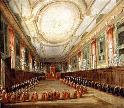 Papież Pius VI (1717-99) i Doge Paolo Renier w kościele św. Giovanni i Paolo (olej na płótnie) autorstwa Francesco Guardi
