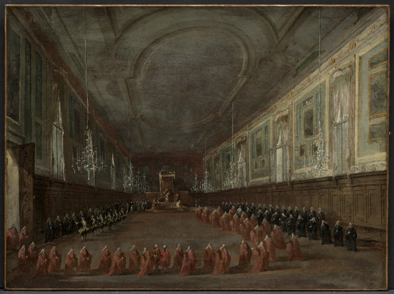 Papież Pius VI zstępujący z tronu, by pożegnać się z dożami w sali..., ok. 1930 1783. autorstwa Francesco Guardi