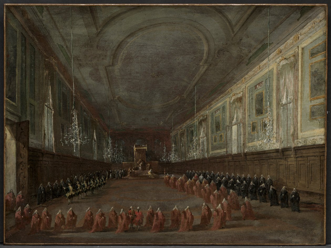 Papież Pius VI zstępujący z tronu, aby pożegnać się z dożami w Sali SS. Giovanniego i Paolo, 1782 autorstwa Francesco Guardi