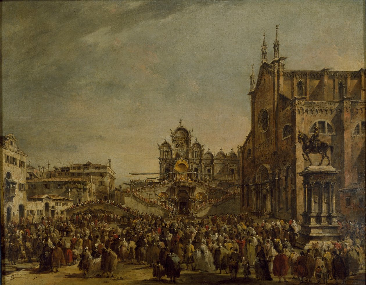 Papież Pius VI błogosławiący tłum w Campo SS Giovanni e Paolo, Wenecja, 1782 autorstwa Francesco Guardi