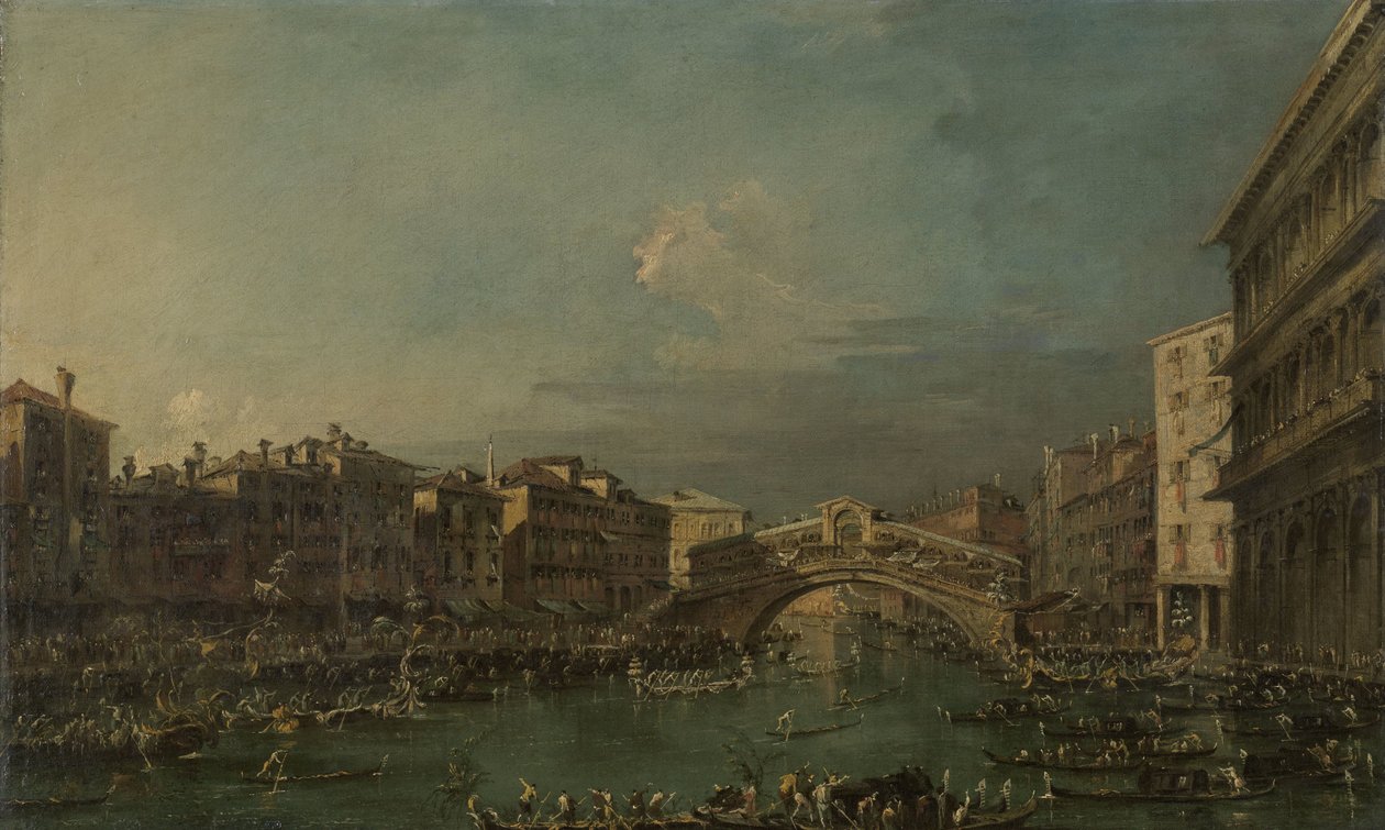 Regaty na Canale Grande, w pobliżu mostu Rialto, Wenecja autorstwa Francesco Guardi