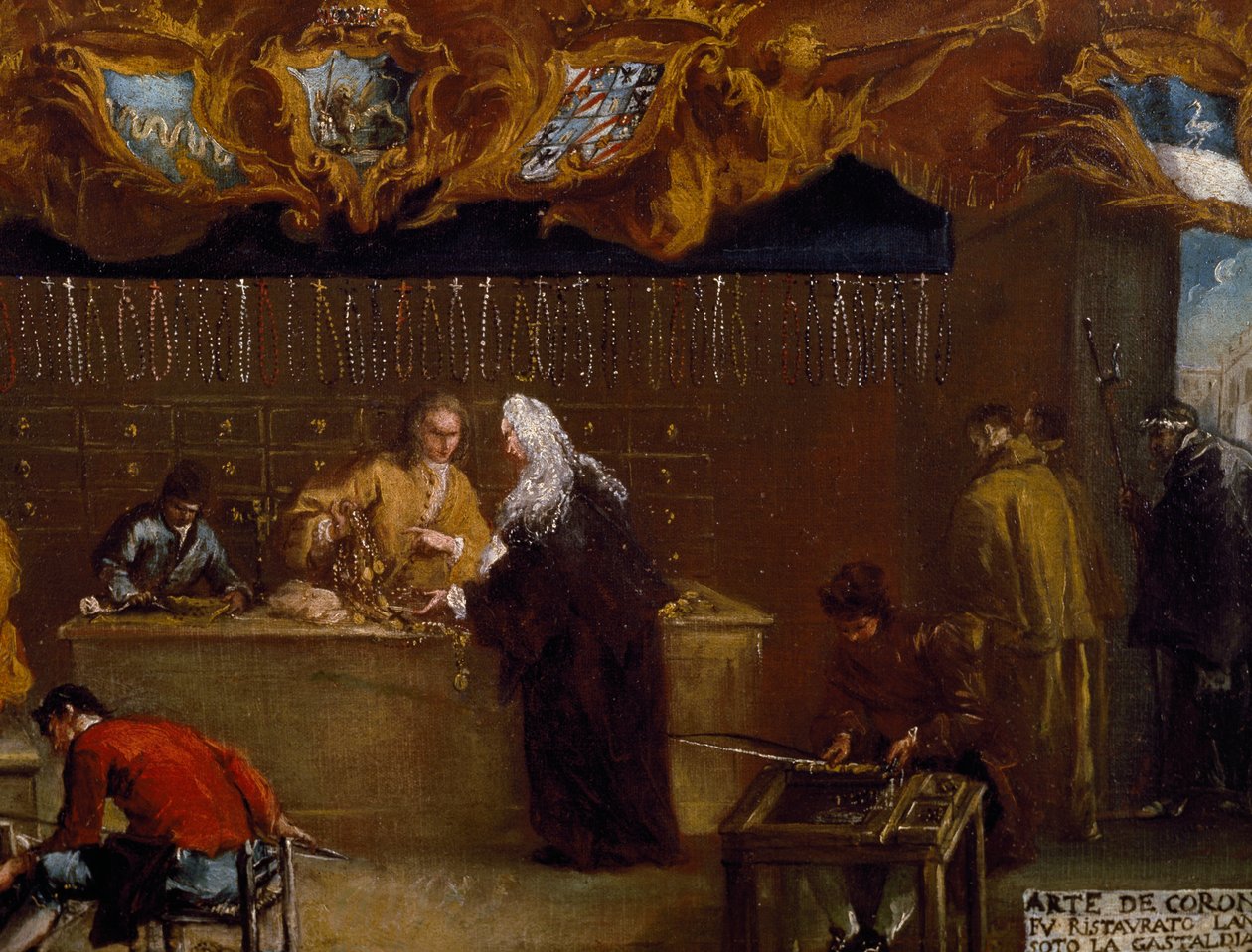 Szyld cechu Coroneri (wytwarzanie różańców) w Wenecji autorstwa Francesco Guardi