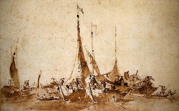 Badania łodzi rybackich (pióro i tusz oraz pranie na papierze) autorstwa Francesco Guardi