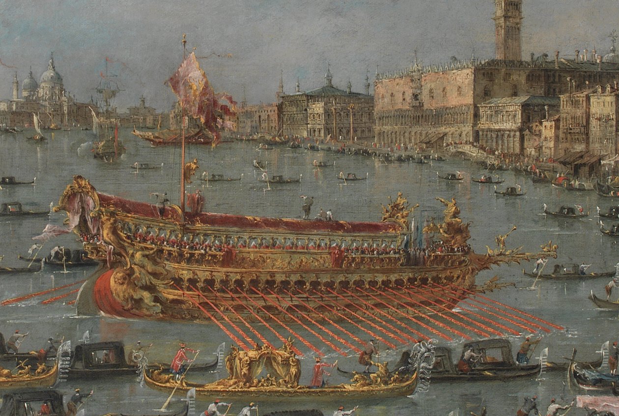 Festiwal Bucintoro w Wenecji. Bacino di S. Marco z Bucintoro, Barką Państwową Dożów, w dniu Wniebowstąpienia (detal), 1780-93 autorstwa Francesco Guardi