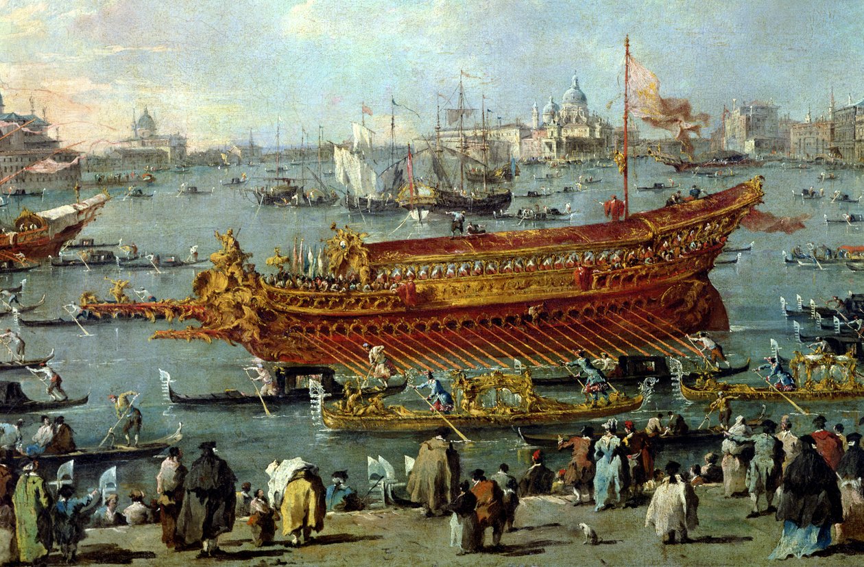 Odpłynięcie „Bucentaura” w kierunku Weneckiego Lido w Dzień Wniebowstąpienia, fragment łodzi, 1766-70 autorstwa Francesco Guardi