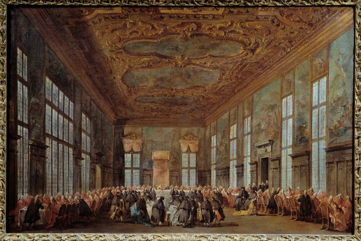 Doża Wenecka Alvise IV Mocnego (1701-1778) zaprasza ambasadorów na śniadanie Obraz Francesco Guardi (1712-1793) XVIII-wieczne słońce. 0,67x1,01 m Nantes, Muzeum Sztuk Pięknych autorstwa Francesco Guardi