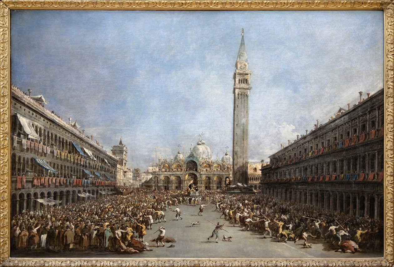 Doża Wenecji niesiony przez gondolierów po jego wyborze na Plac Św. Marka (San Marco) (widok na Bazylikę Św. Marka i dzwonnicę), Obraz olejny Francesco Guardi (1712-1792). Fotografia, KIM Youngtae, Grenoble, Musee de Grenoble. autorstwa Francesco Guardi