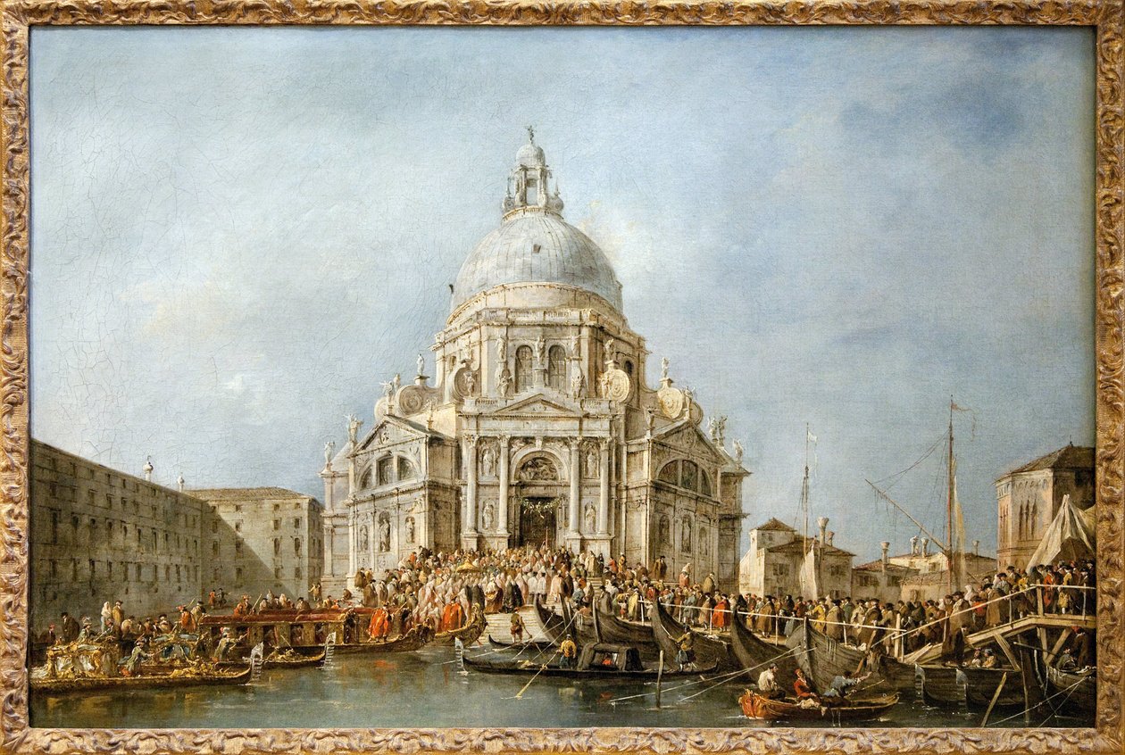 Doża Wenecji idzie do Saluty Weneckiej, Każdego roku 21 listopada Doża udał się do bazyliki Santa Maria della Salute, zbudowanej w dziękczynieniu za koniec zarazy z 1630 roku, aby podziękować Dziewicy za to wyzwolenie, most łodzi autorstwa Francesco Guardi