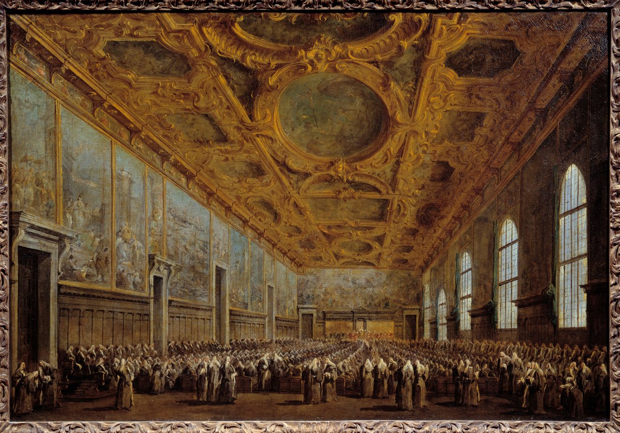 Doża Wenecji dziękuje Radzie Wyższej. Scena ma miejsce w Pałacu Dożów na Placu św. Marka w Wenecji. Obraz Francesco Guardi autorstwa Francesco Guardi