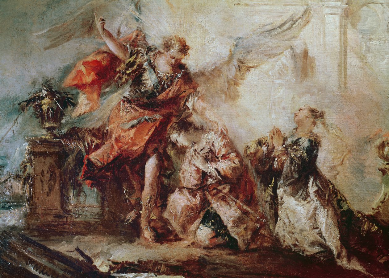 Wesele Tobiasza, fragment pary Sary i Tobiasza przed dziękczynieniem Bogu przez pośrednika Rafaela, ok. 1750 autorstwa Francesco Guardi