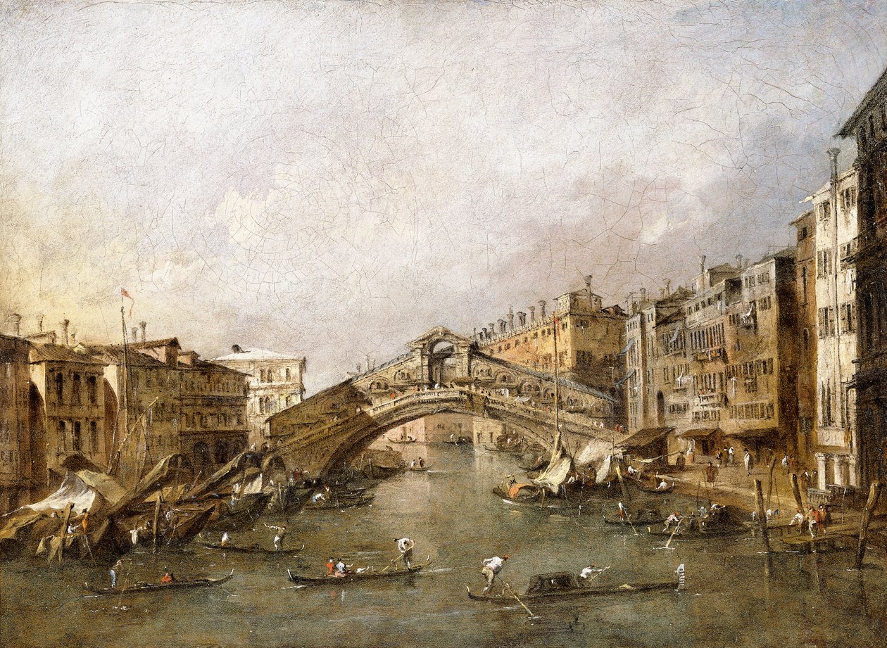 Most Rialto w Wenecji z gondolami na pierwszym planie, autorstwa Francesco Guardi