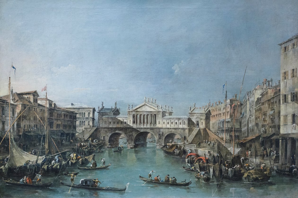 Most Rialto według projektu Palladia, ok. 1770 (olej na płótnie) autorstwa Francesco Guardi
