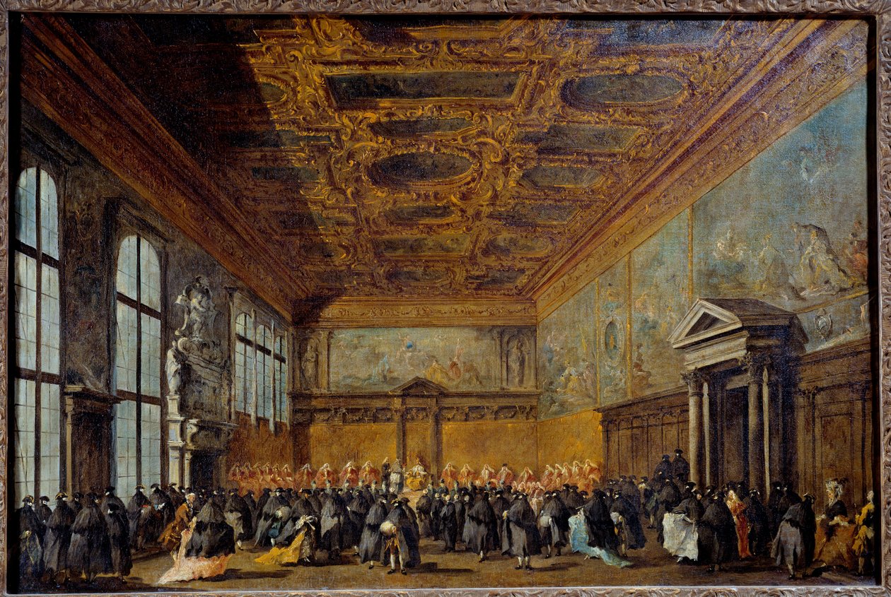 Audiencja udzielona przez dożę weneckiego (prawdopodobnie Alvise IV Mocnego (1701-1778)) w auli Kolegium Pałacu Książęcego w Wenecji Obraz Francesco Guardi (1712-1793) 1766-1770 nd. 0,67 x 1,01 m² autorstwa Francesco Guardi