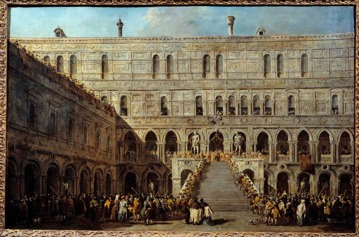Koronacja Doży Wenecji na schodach Olbrzymów w Pałacu Książęcym. Obraz Francesco Guardi (1712-1793), między 1766 a 1770. h/t 0,67 x 1,01 m. autorstwa Francesco Guardi