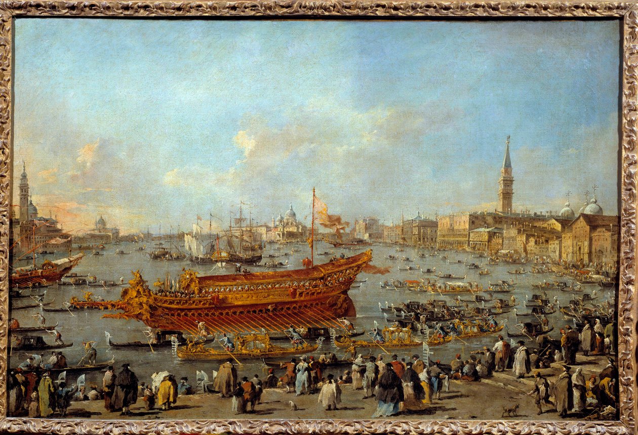 Wyjazd Bucentaura (Bucentoro) w kierunku Lido w Wenecji w dniu Wniebowstąpienia Malarstwo Francesco Guardi (1712-1793) 1766-1770 Nd. 0,66x1,01 m - Wyjazd Bucentaura (Bucentoro) do Lido w Wenecji na uroczystość Wniebowstąpienia. Pai autorstwa Francesco Guardi