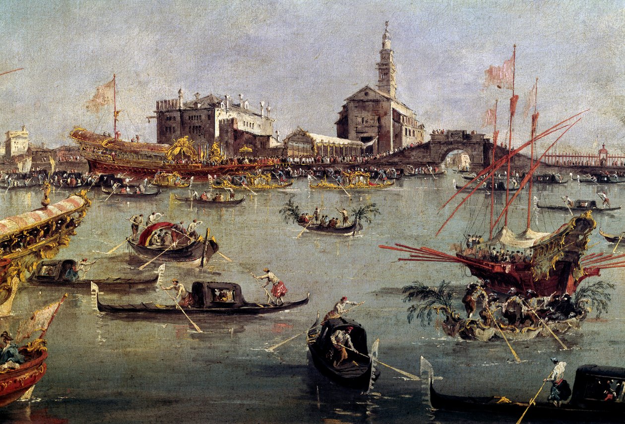 Doża na Bucentaura (Bucentoro) w San Nicolo od Lido do Wenecji, Obraz w dniu Wniebowstąpienia Francesco Guardi (1712-1793) XVIII-wieczny Paryż, Luwr. autorstwa Francesco Guardi